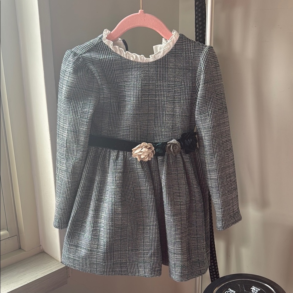 Mayoral Gray Plaid Dress with Floral Belt